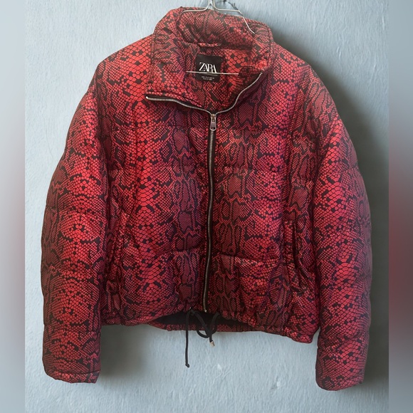 Zara Jackets & Blazers - ZARA Women’s Red Snake Skin-Print Puffer Jacket – Size Large Coat